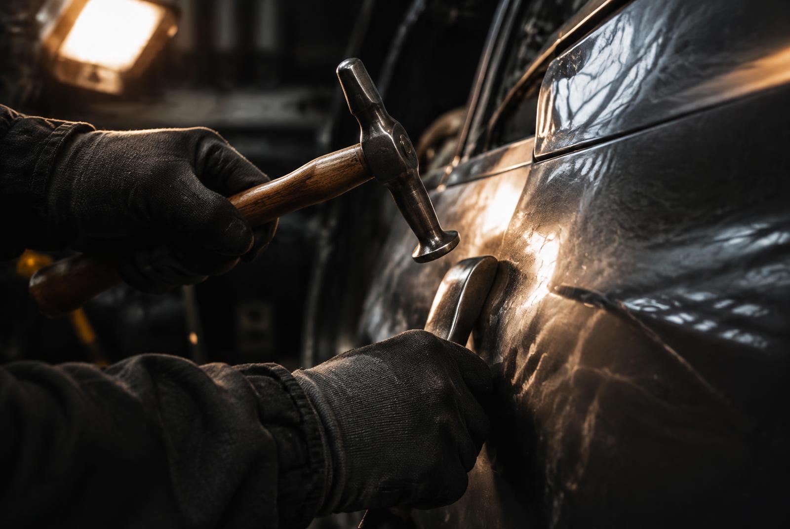 A panel beater shaping damaged bodywork with a hammer and dolly